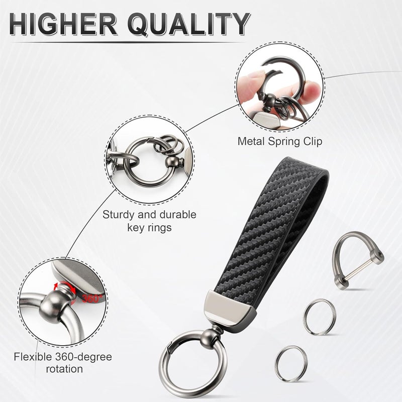 JUSTTOP Leather Keychain, Carbon Fiber Car Key Chain with Anti-Lost D-Ring and 2 Key Ring, Keychain Wristlet, Car Accessories, Universal Keychain for Men and Women (Black) - Image 4